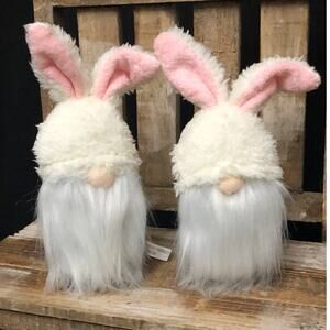 New Set of 2 Small Gray Easter Bunny Gnomes Plush With Pink & White Ears